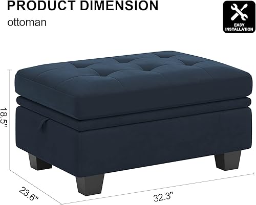 Miniatura 2 de Belffin Otomana rectangular con almacenamiento para sala de estar, dormitorio, tela de terciopelo, banco otomano, reposapiés, color azul