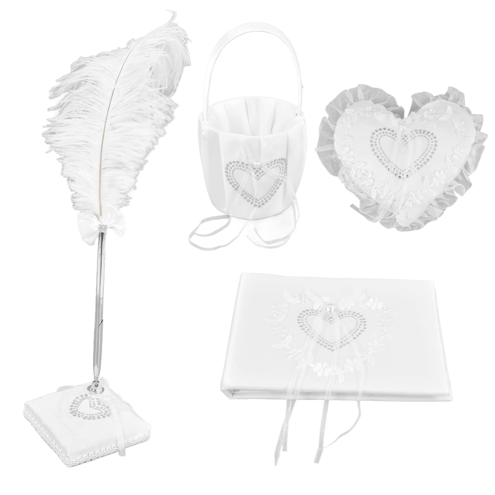 Fdit Weißes Hochzeitskissen Set für Ringe, Indoor Outdoor Nutzung | Vierteiliges Set mit Blumenkorb, Gästebuch, Federzeichenstift, aus strapazierfähigem Stoff, ideal für romantische Anlässe