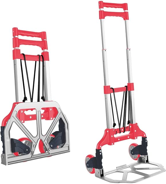 MAXBROTHERS Folding Hand Truck Aluminum Portable Folding Hand Cart W/Fixed Rope, 175lbs Capacity Hand Cart Ideal for Home, Auto, Office,Travel Use (RED)