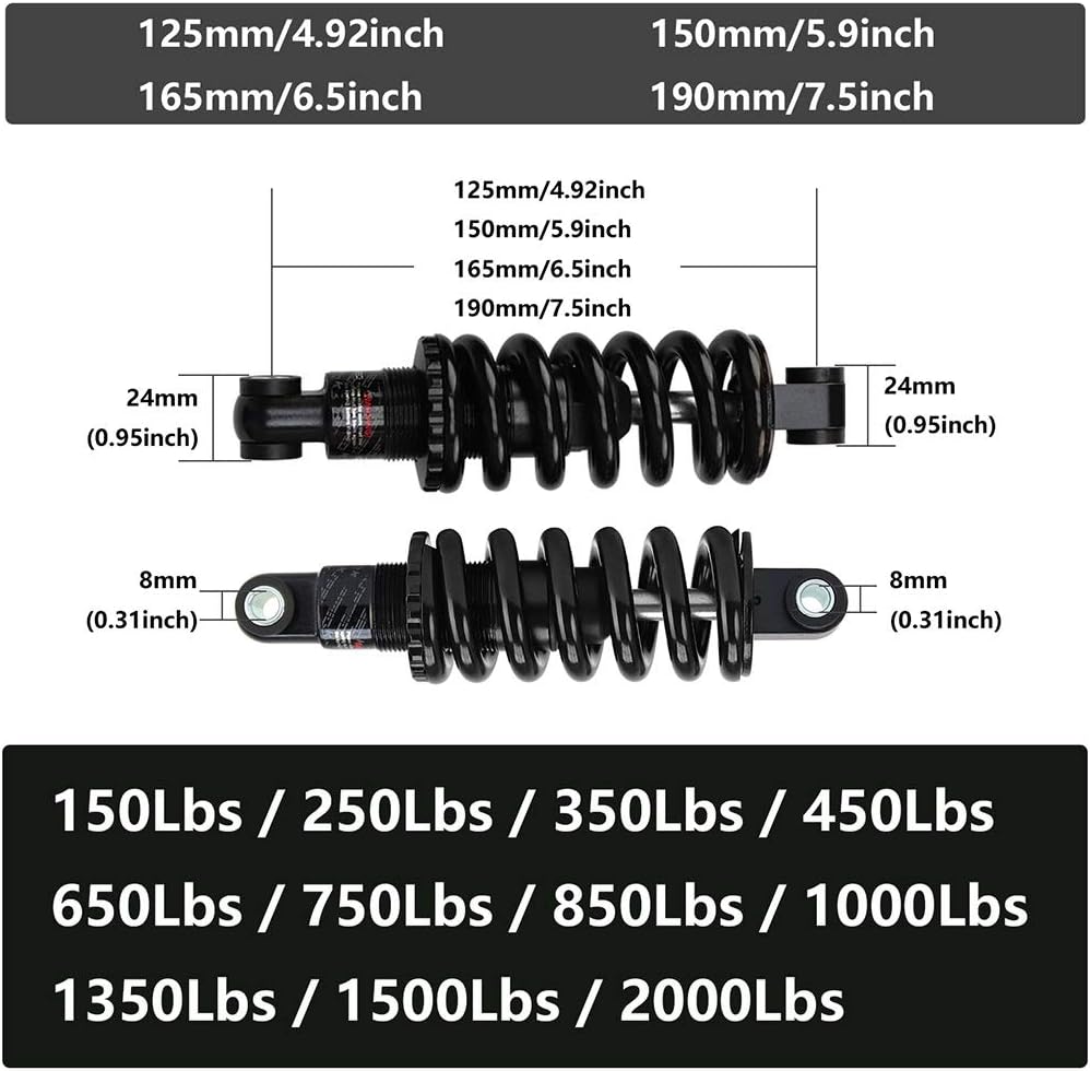 Mountain Bike Rear Shock Absorber 2pcs MTB Bicycle Biliary Spring Steel 125/150/165/190mm (Color : 165mm, Size : 450 Lbs)
