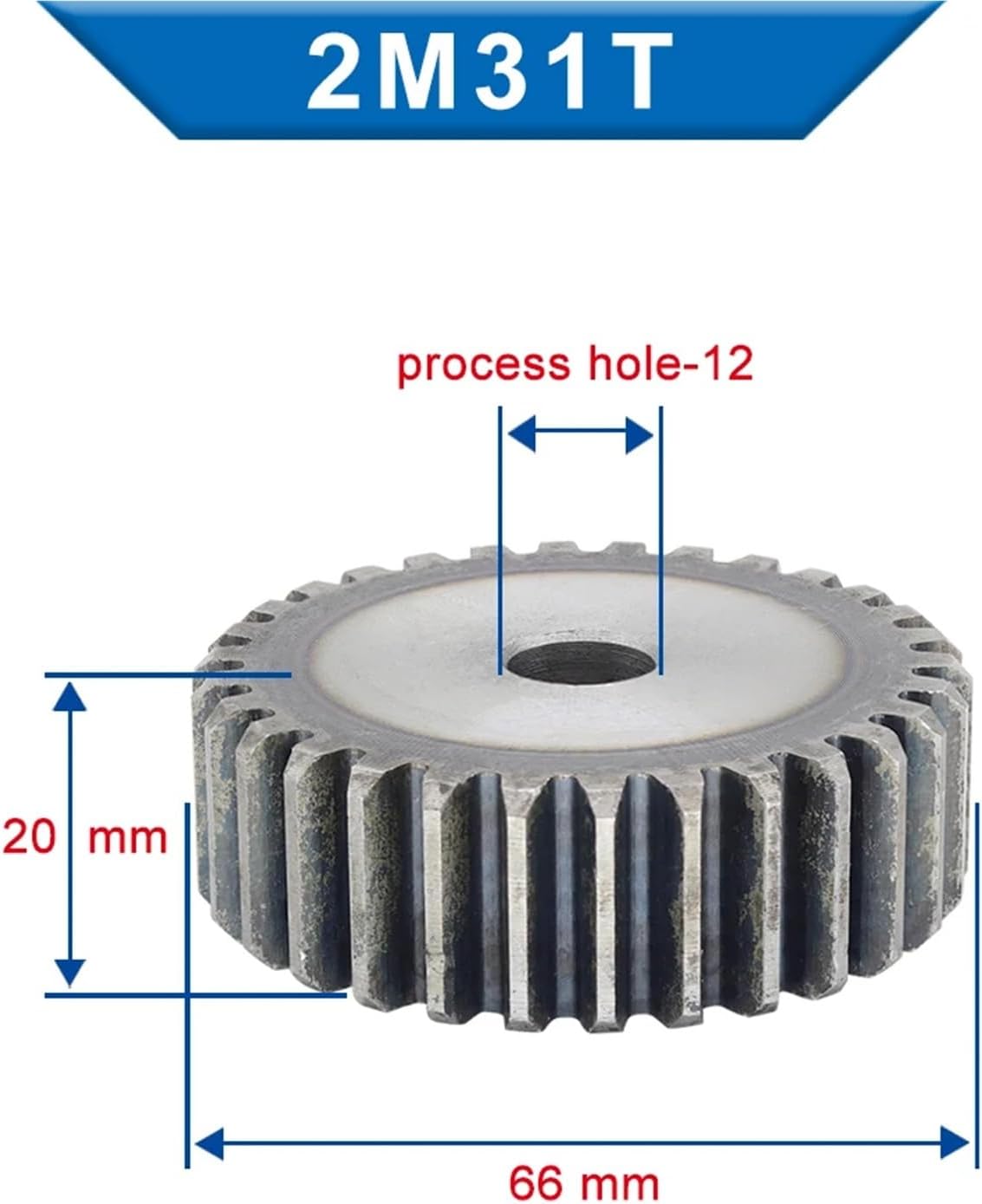 Cylindrical Gear 2M30T/31T/32T/33T Carbon Steel Flat Height 20mm Bore 12mm 1Pcs(31 Teeth)