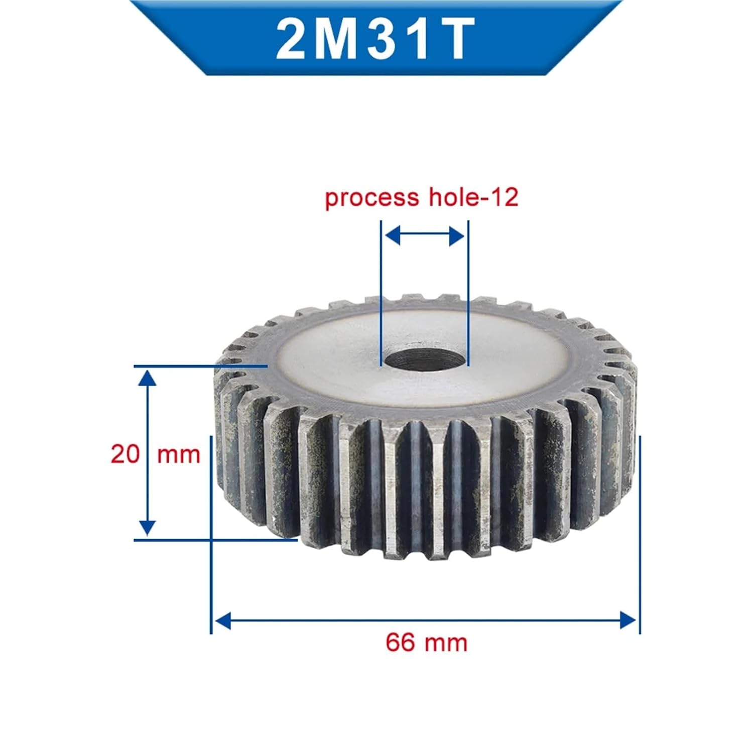 Cylindrical Gear 2M30T-33T Carbon Steel Teeth Flat Height 20mm Bore 12mm 1Pcs(33 Teeth)