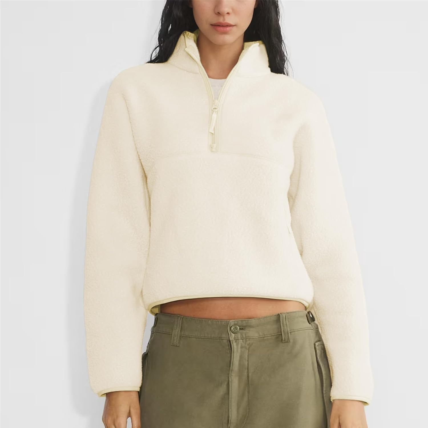 Women Pullover Sweatshirt Sherpa Cropped Fleece Jacket Half Zip Fuzzy Clothes Trendy Fall Jackets with Pockets - Image 2