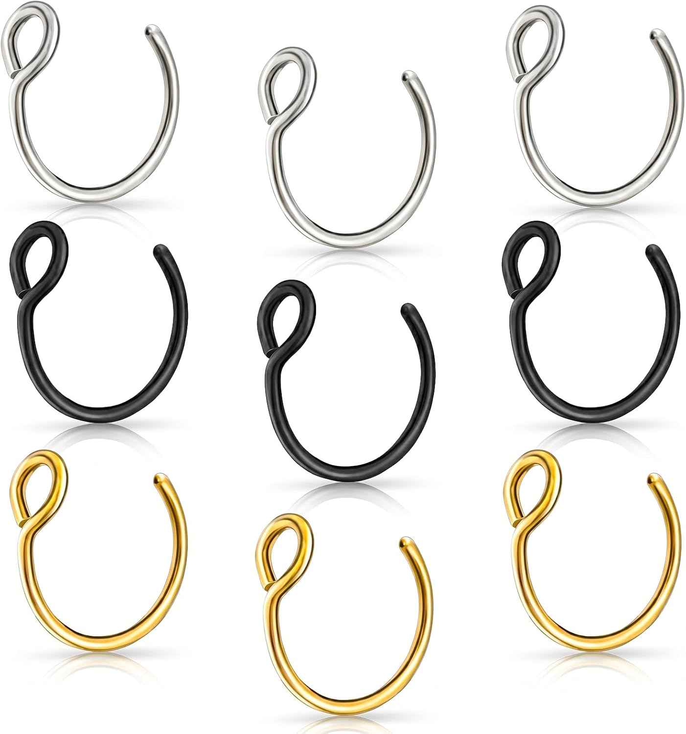 DIVINA VITAE 9 Pcs Faux Nose Piercing 20G Fake Nose Ring Hoop 8mm Clip On Non Piercing Lip Rings Stainless Steel No Pierced for Women Men Silver Gold Black