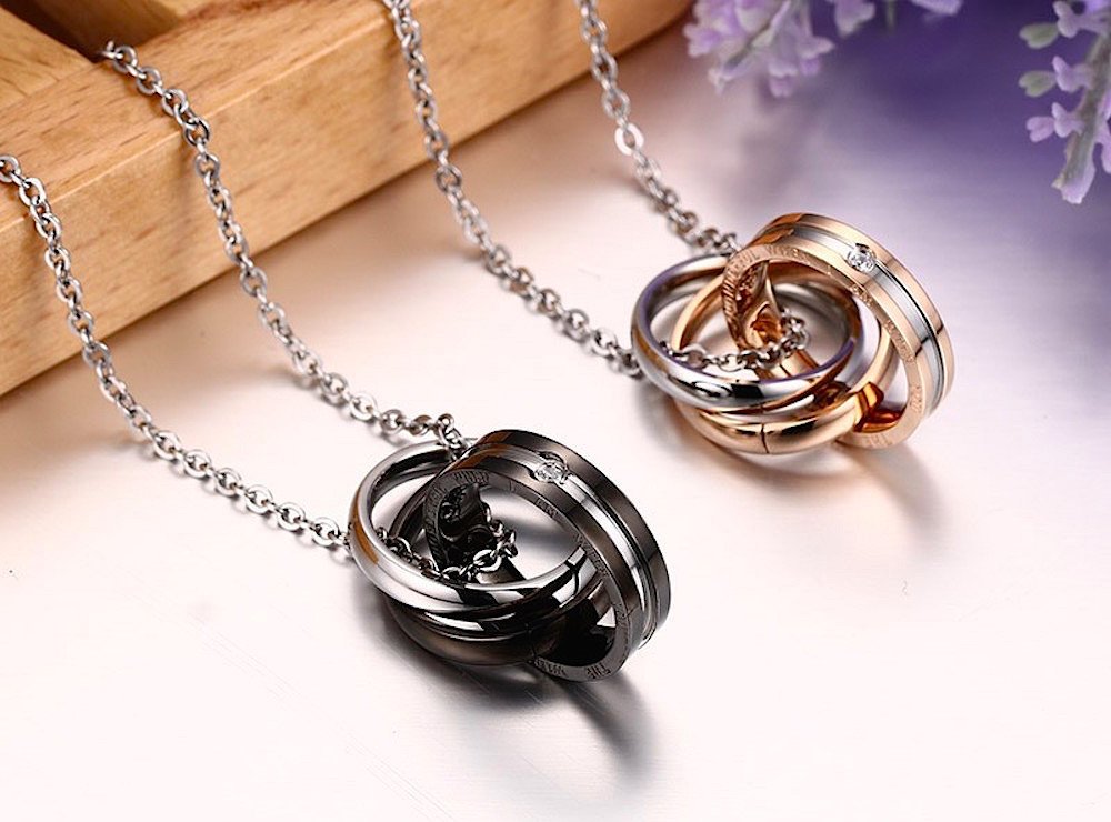 'Kim Johanson in acciaio inossidabile coppia di gioielli set bracciali e collane "True Love per gli amanti oro rosa & nero con Cubic Zirconia con sacchettino
