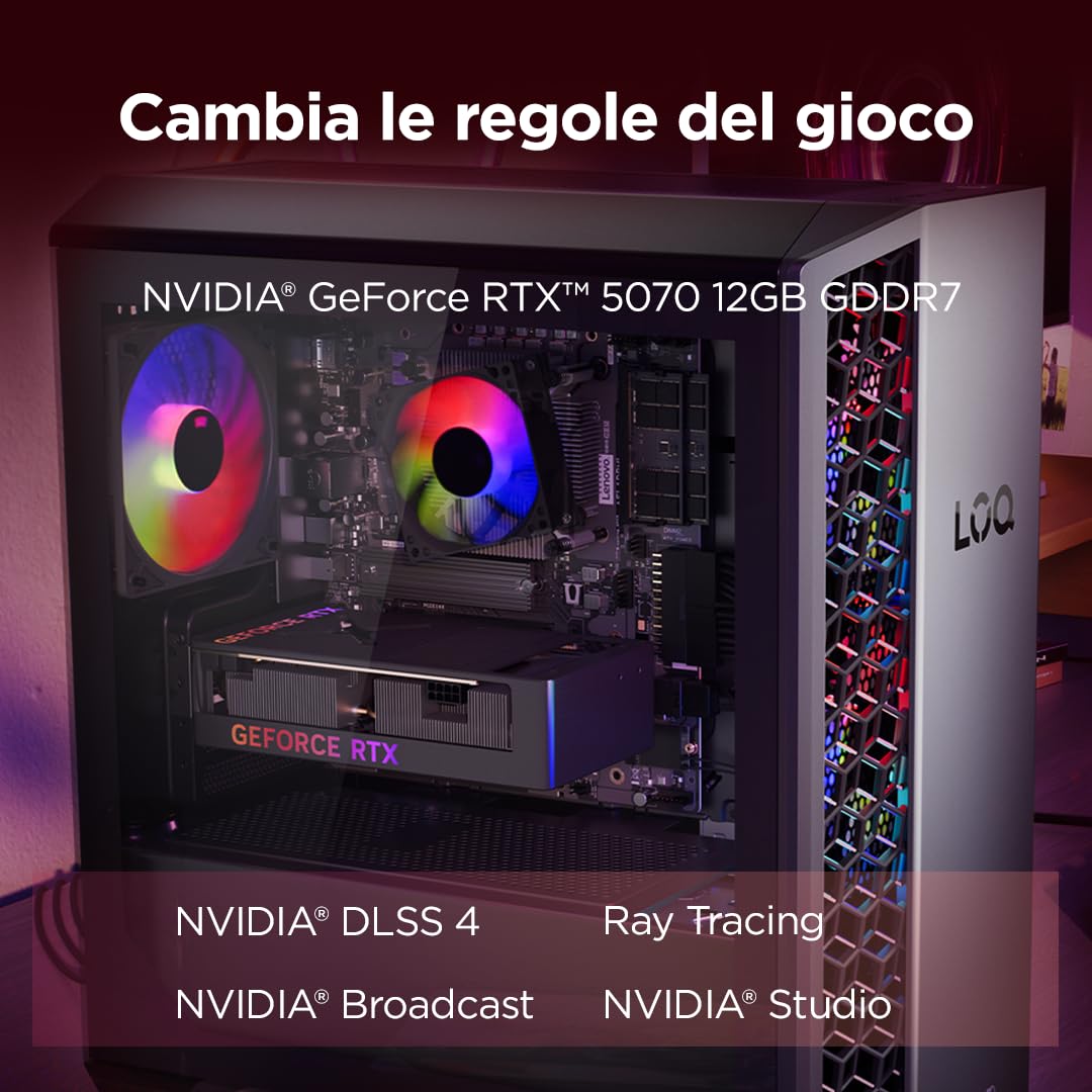Lenovo LOQ Gaming Desktop 26L - (Processore AMD Ryzen 7-8745HX, RAM 2x8GB, Memoria 1 TB SSD, NVIDIA GeForce RTX 5070 12GB GDDR7, Windows 11) -Luna Grigio+Eclipse Nero - Esclusiva Amazon