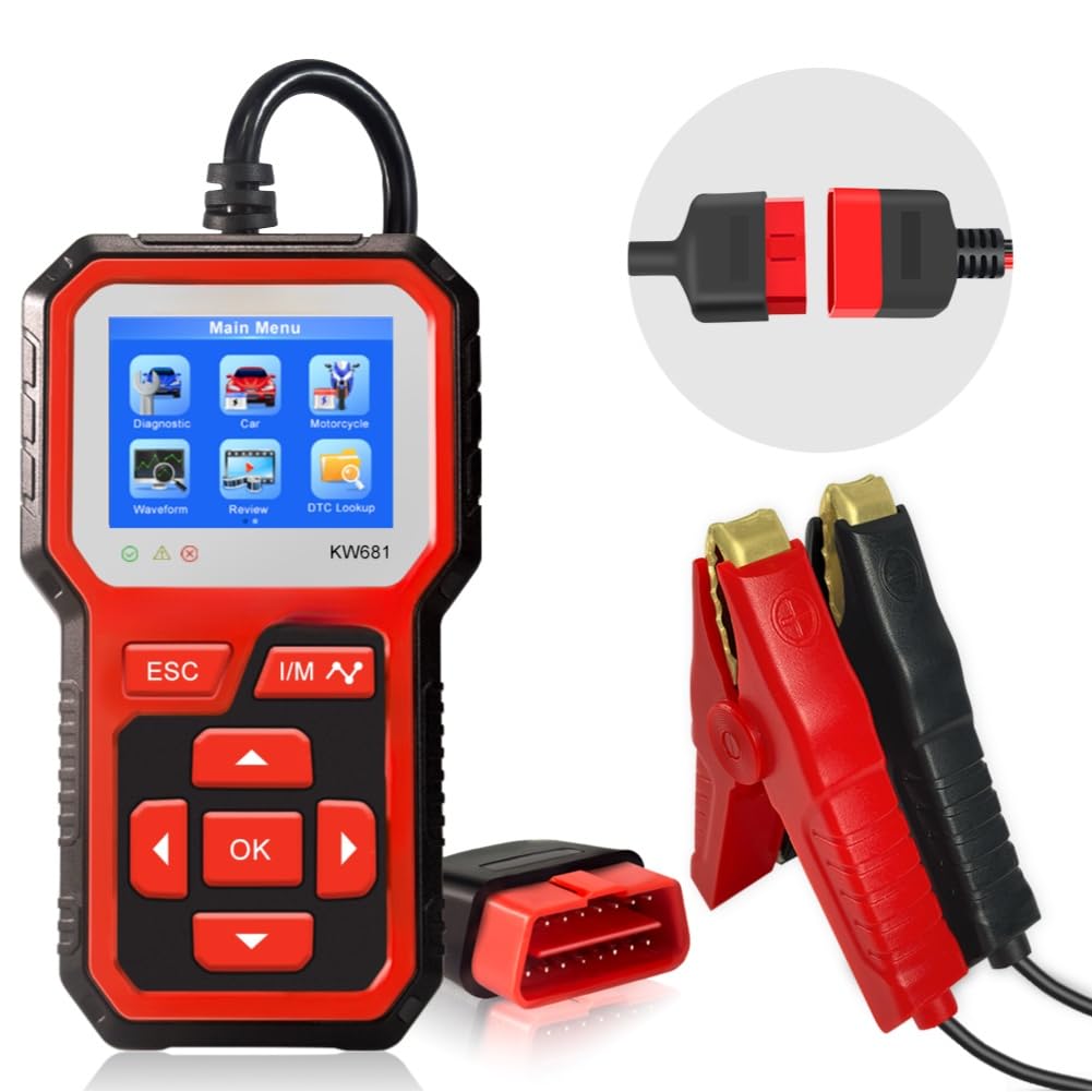 KW681 - Tester per batterie da 6 V/12 V per auto e moto, scanner diagnostico con lettura dei codici di errore e funzione di cancellazione, per batterie AGM, gel e acido, standard OBD2 (a partire dal