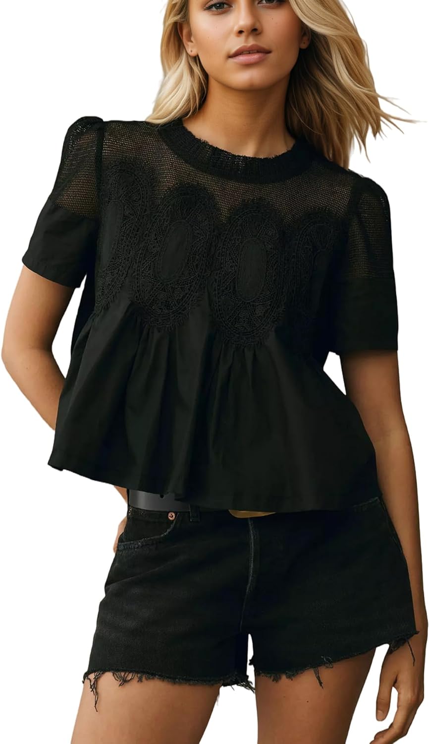 Women Lace Trim Blouse Mesh See Through Puff Short Sleeve Ruffle Pleated Shirts Mock Neck Summer Babydoll Tops