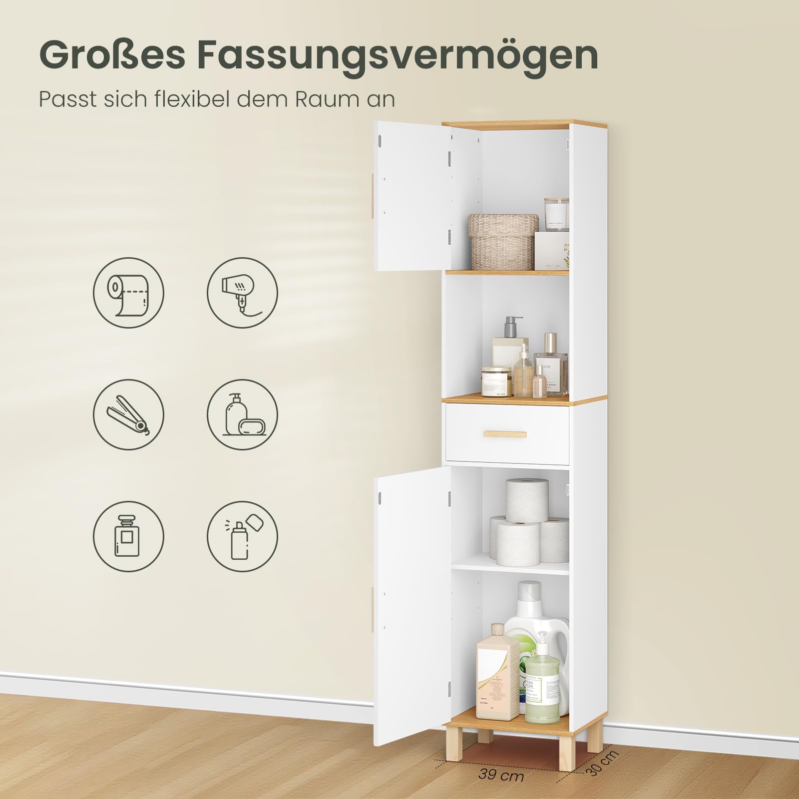 EUGAD Badezimmerschrank,Hochschrank, Badschrank mit 5 Fächern 1 Schublade, weiße Kommode im Badezimmer, Schrank mit verstellbaren Trennwänden, weiß 40x180x30 cm