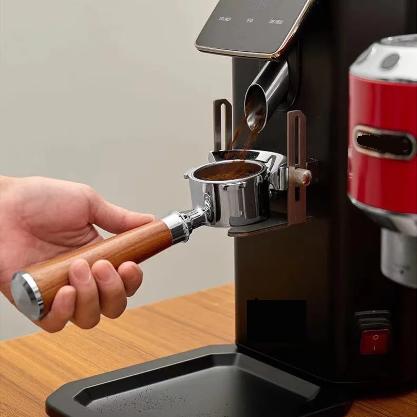 Portafiltro Compatible Con De'Longhi Dedica EC680/EC685. | Portafiltro sin fondo de 51 mm y 3 orejas con mango de madera - Cesta de filtro de repuesto for barista(Red)