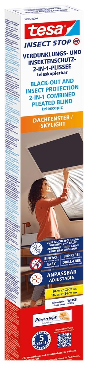 tesa Insect Stop 2-in-1 Verdunklungs- und Insektenschutzplissee Premium für Dachfenster - anpassbar, Montage ohne Bohren und Sägen - max. 1,16 m x 1,64 m - Profile in Weiß - Plissees in Anthrazit