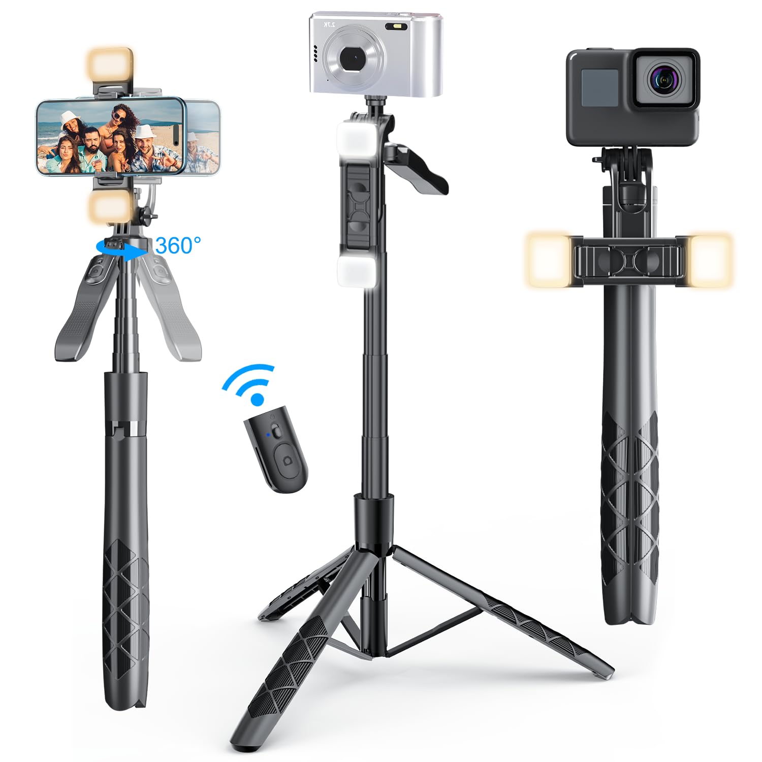 62" Selfie Stick with Tripod Stand 360 Degree Rotation Dual Fill Light Balance Handle Long Reinforced Tripod with Remote for iPhone Camera Vlogging Travel Stream, Black