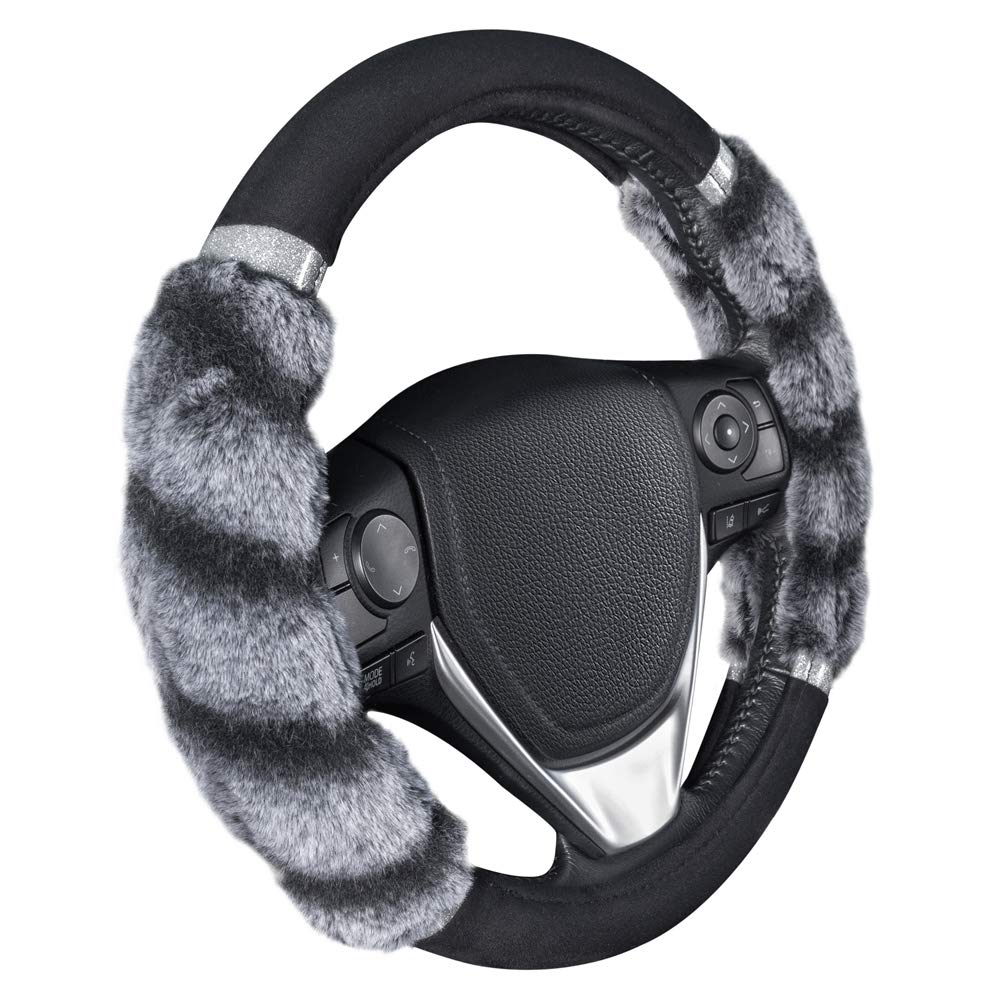 Photo 1 of BDK Bear Fur Plush Steering Wheel Cover - Cute Faux Wool Protector for Women Girls Fits Wheels 14.5 - 15 inch Two Tone Black / Gray - with Glitter Gray with Glitter