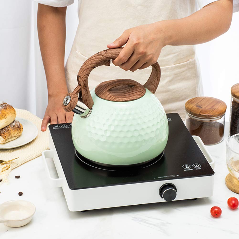 Hervidor Con Silbato De Acero Inoxidable, 2.8L Tetera Con Silbido, Hervidor De Fondo Plano Con Mango De Grano De Madera, Para Estufa, Placa De Inducción Eléctrica De Gas (Verde)