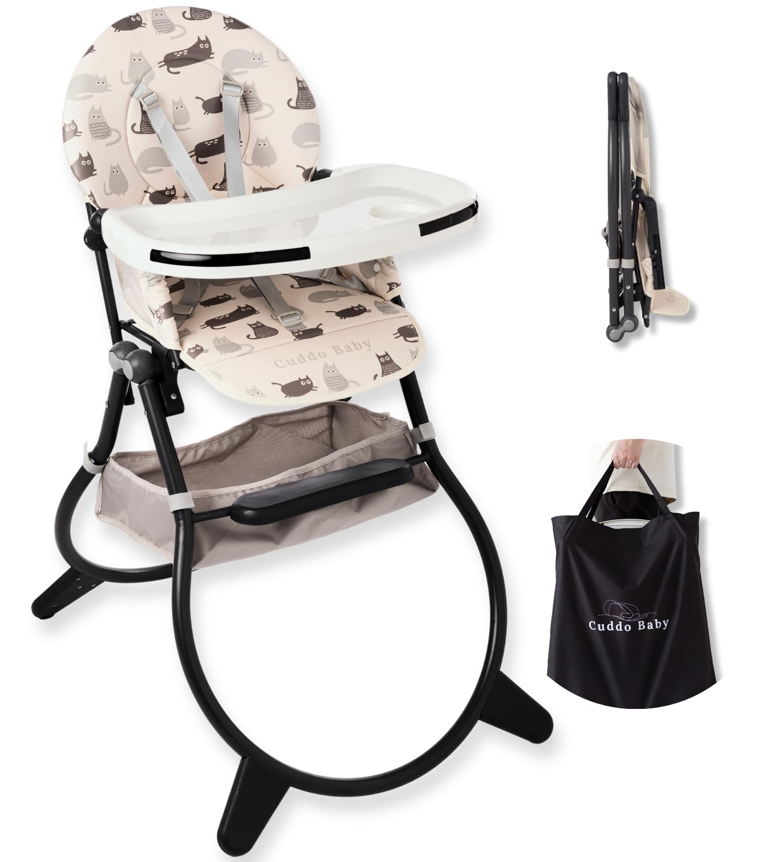 CuddoBaby Purrfect High Chair for Babies & Toddlers, Foldable Highchair with Weld-in-One Stable Base, 5-Point Harness, Large Adjustable Tray, Storage