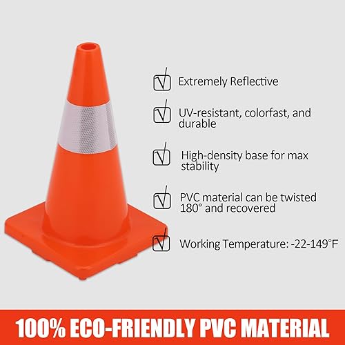 Miniatura 7 de Towallmark 20 Pack Traffic Safety Cones 18 inch, PVC Orange Cones with Reflective Collars, Parking Training Construction Road Caution Plastic Cones
