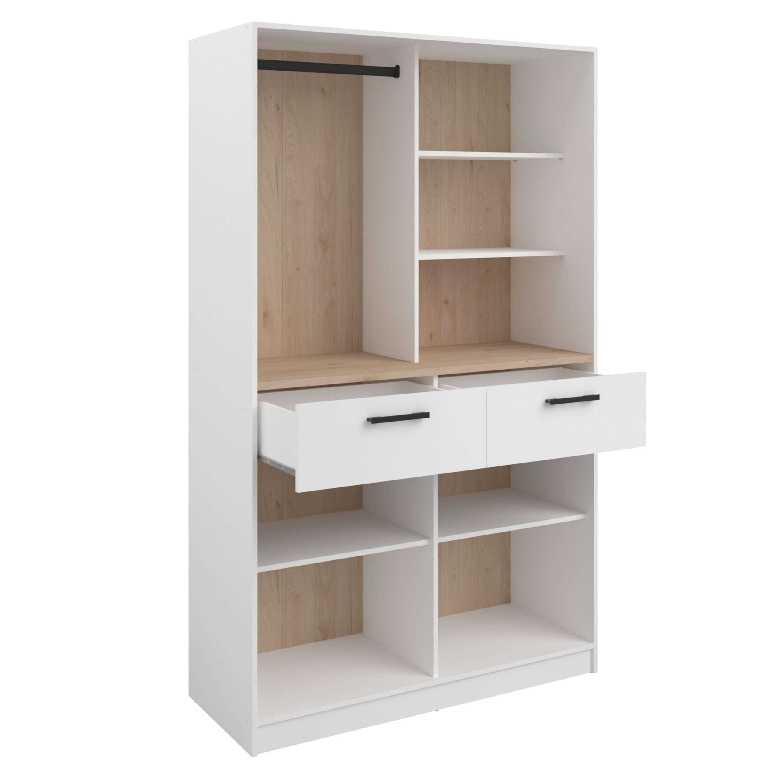 Miroytengo Vestidor Abierto Modular Flexa Dormitorio Roble Jackson Blanco Mate 2 Cajones 5 Estantes 2 Barras 203x200 cm