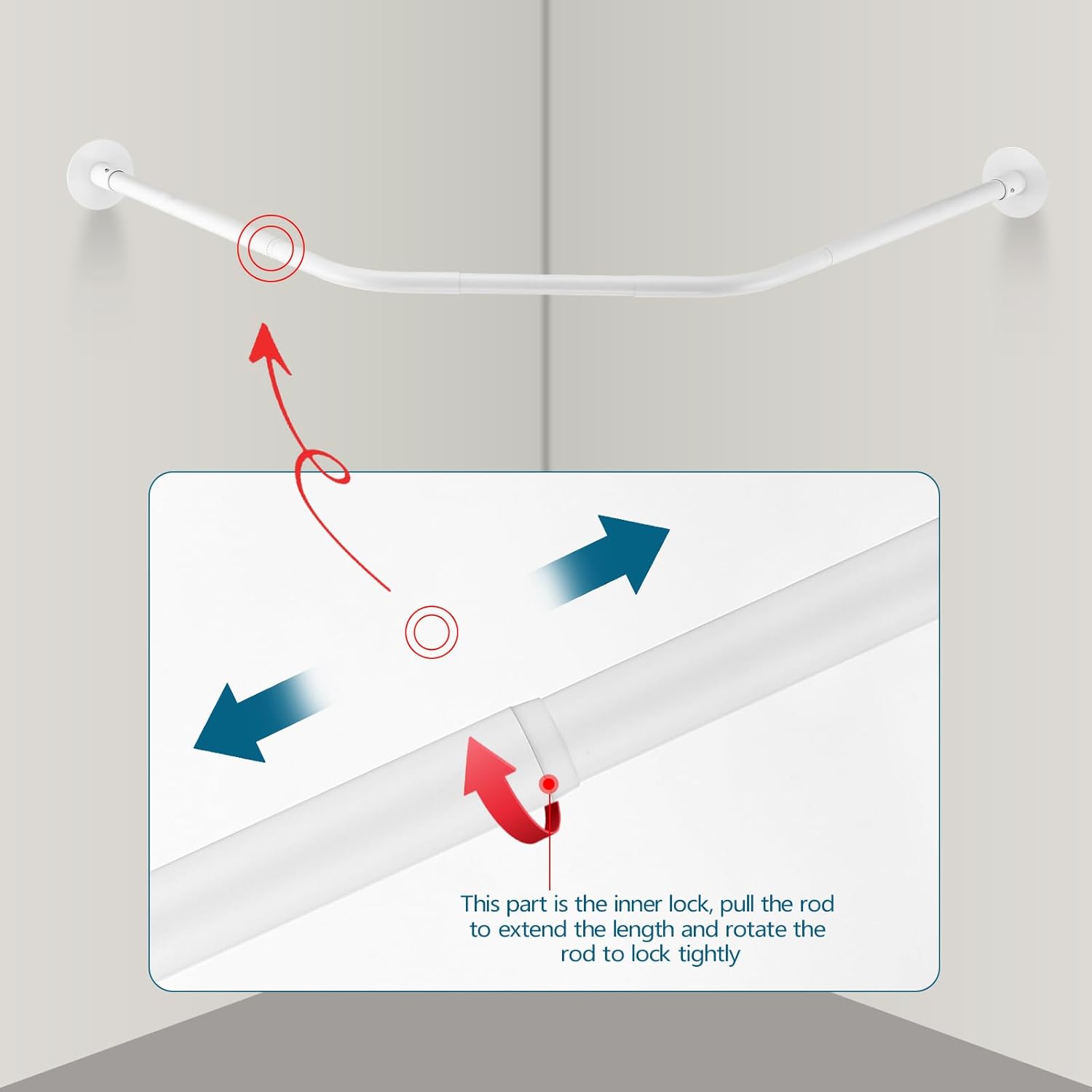 Adjustable White Corner Shower Curtain Rod with 12 Hooks, 31-41 Inch Diamond Shaped Shower Curtain Rod, Curved Rustproof 304 Stainless Steel Shower Rod for Bathroom Bathtub Drill and No Drill