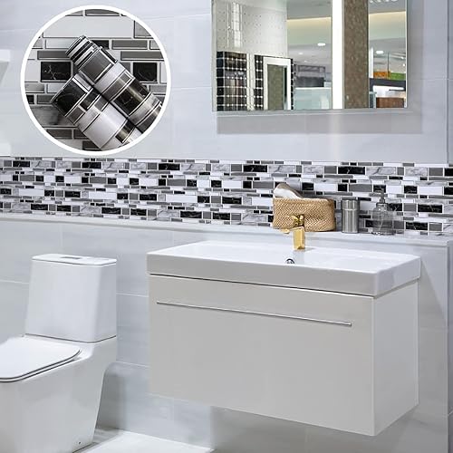 Miniatura 6 de Livebor Papel tapiz de cocina en blanco y negro para despegar y pegar, papel tapiz de baño, impermeable, papel de contacto decorativo extraíble para