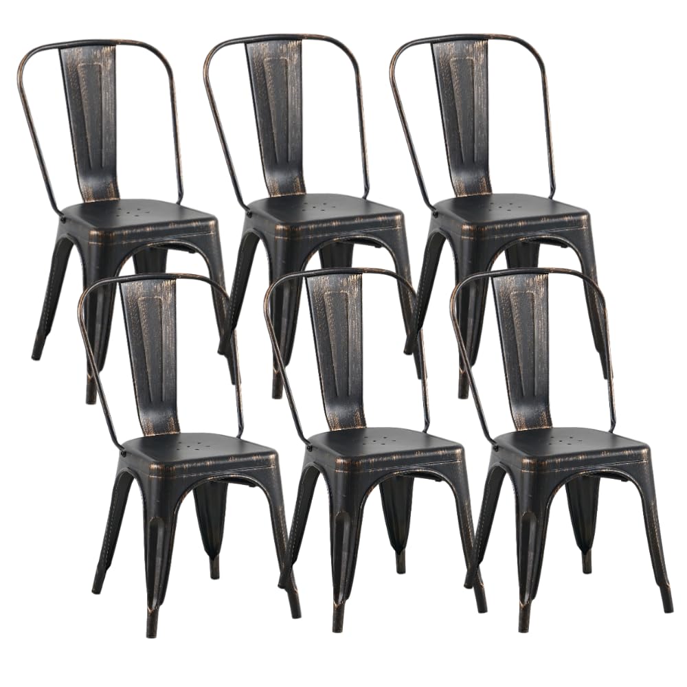 SOLEGGIATA Metal Dining Chairs Set of 6 Tolix Vintage Stackable Bistro Cafe Restaurant Kichen Farmhouse Indoor/Outdoor Vintage Onyx Distressed Black