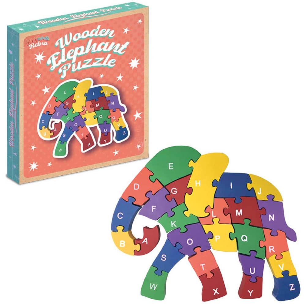 PlaywriteWooden Jigsaw Elephant Puzzle for Toddlers Kids 2 3 4 year old - 26 Piece Alphabet Puzzle Early Learning Educational Wooden Toys Gifts for Children