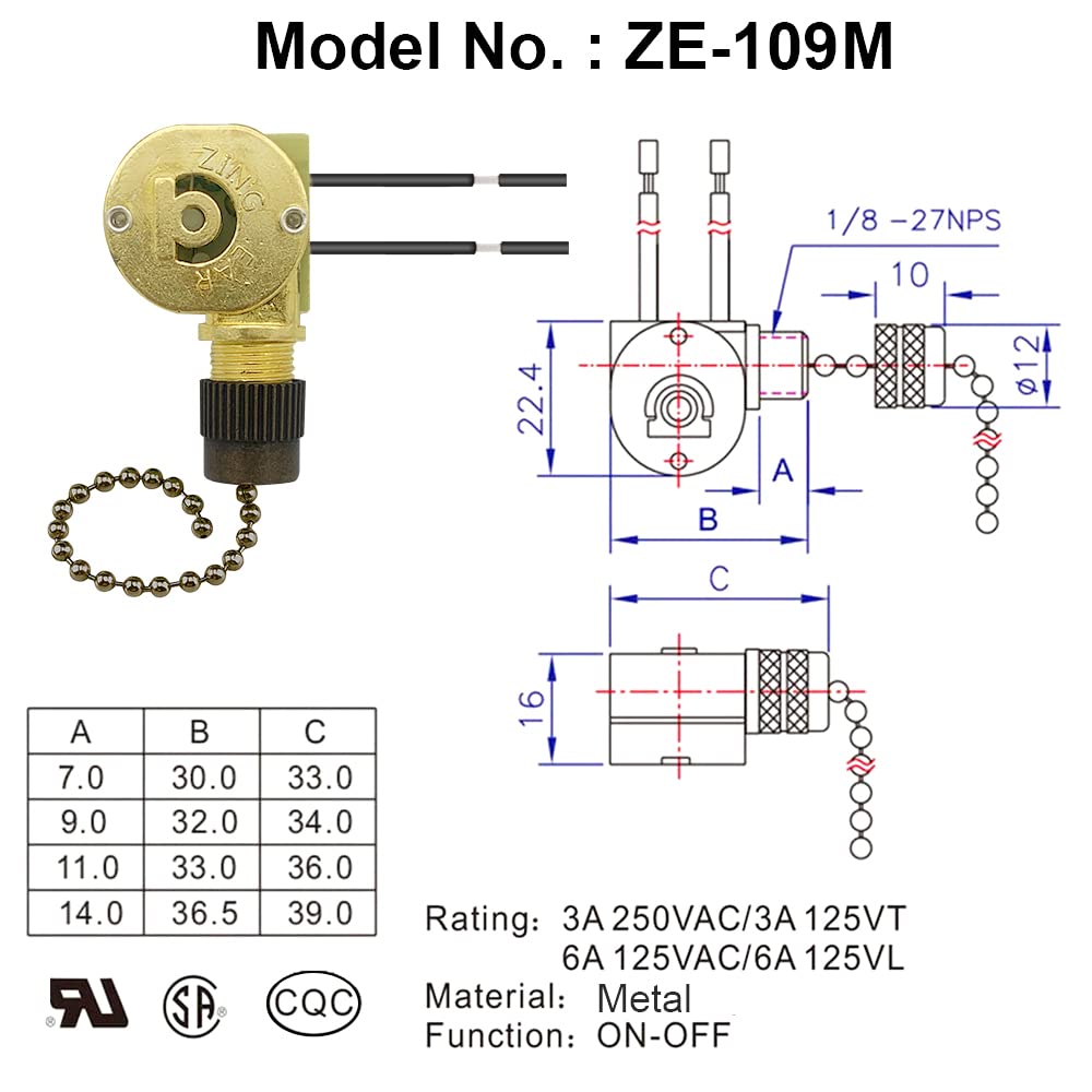 Pull Chain Switch Zing Ear ZE-109M, Metal Durable 2 Wire Ceiling Fan Light ON-Off Control Replacement for Hunter Ceiling Fans Wall Lamps Cabinet Light (Bronze)