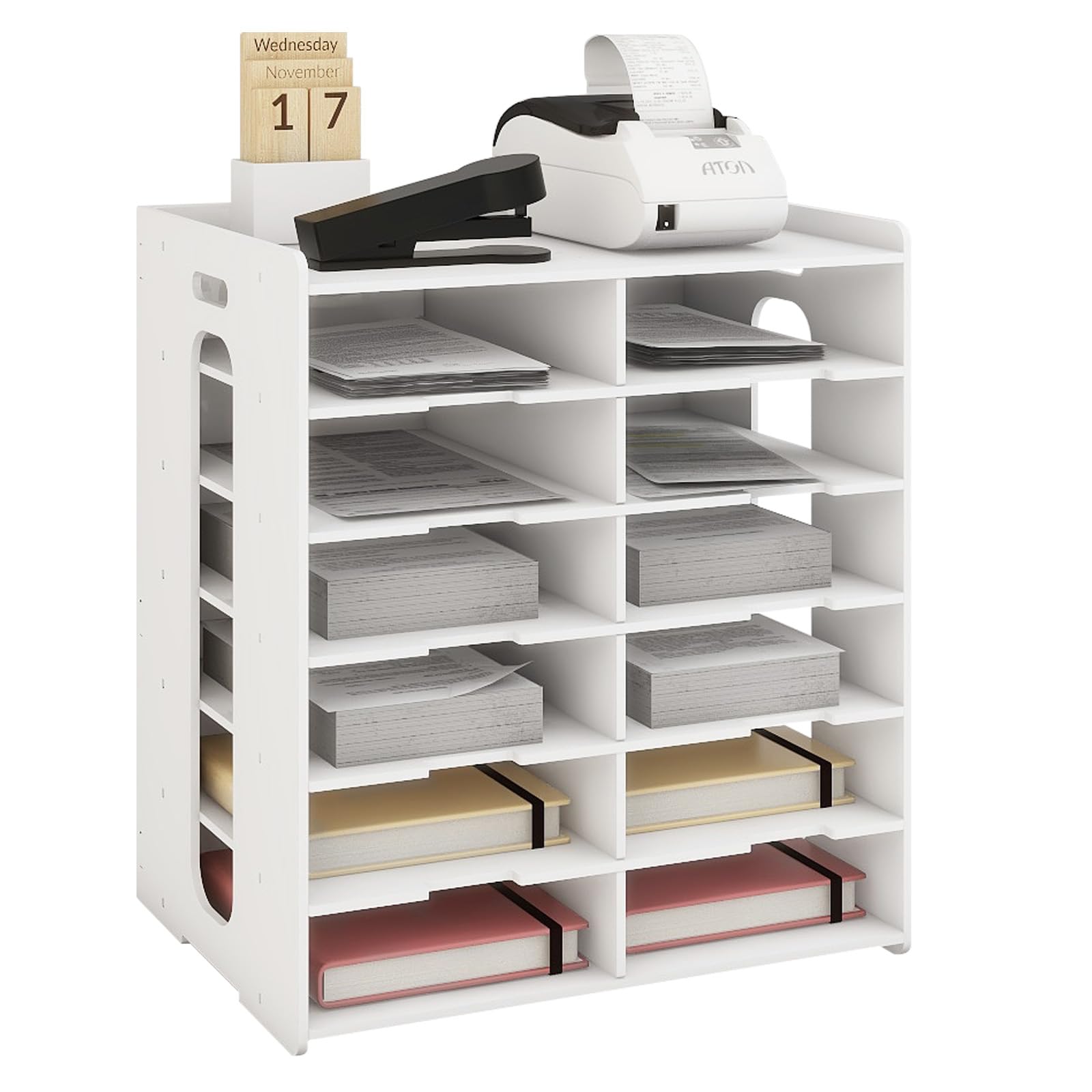 PUNCIA 12 Fächer Rechnungsregal für A5-Formate PVC Briefablage Aktenablage | Schreibtisch Organizer für Rechnung Büroablage Ordnungssystem Ablagefächer aus Holz Büro Arbeitszimmer Schule Office