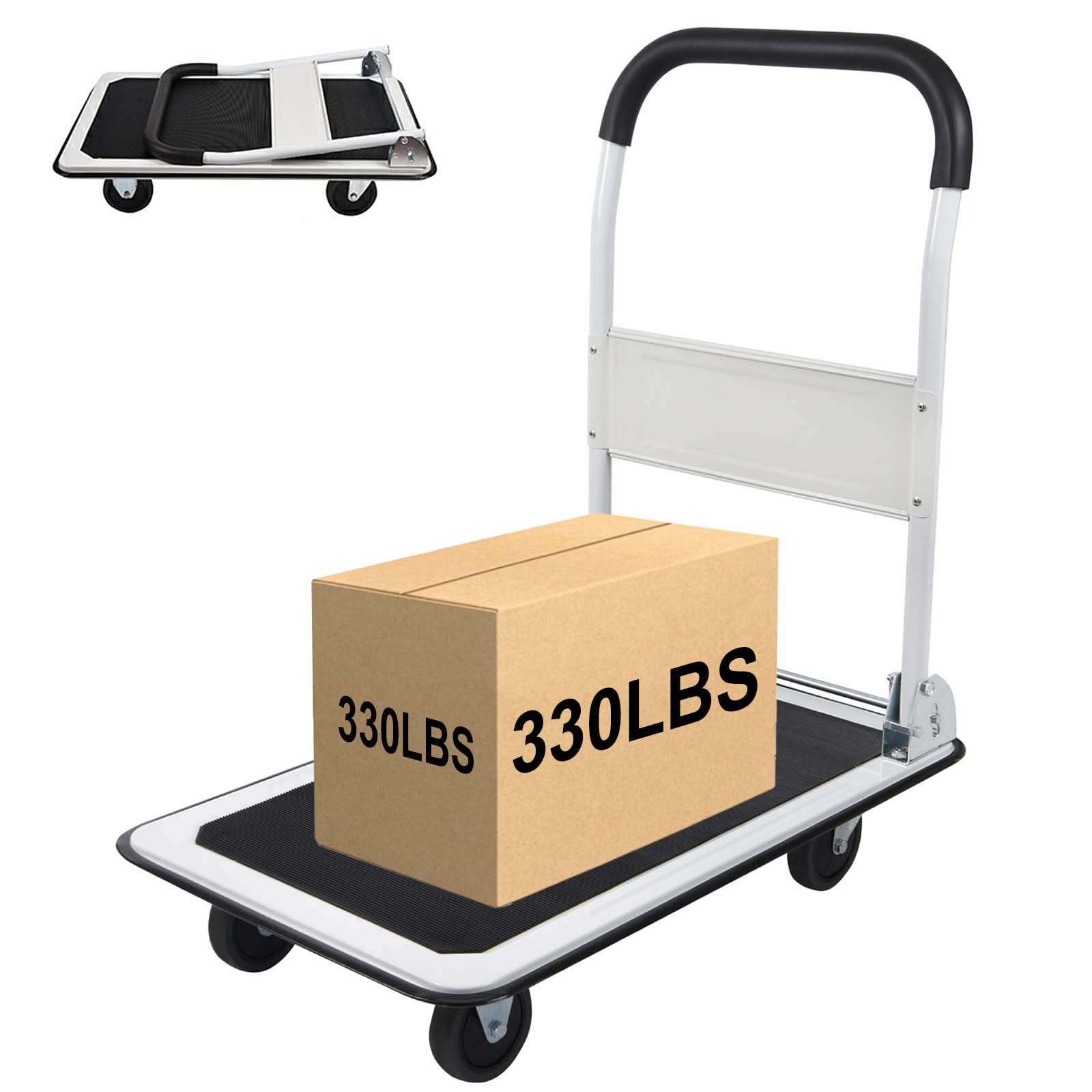 LEADALLWAY Foldable Push Cart Platform Cart 330lbs Capacity 4 Wheels 28.7x18.5x32.3inches White Small Flatbed Cart