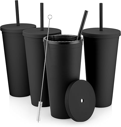Miniatura 9 de STRATA CUPS Vasos clásicos negros con tapas (paquete de 12)  Vasos acrílicos de colores de 16 onzas con tapas y pajillas, vasos a granel de plástico
