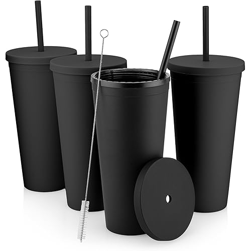 STRATA CUPS Classic Black Tumblers with Lids (4 pack) - 22oz Colored Acrylic Cups with Lids and Straws, Double Wall Matte Plastic Bulk Tumblers With FREE Straw Cleaner! Vinyl Customizable DIY Gifts