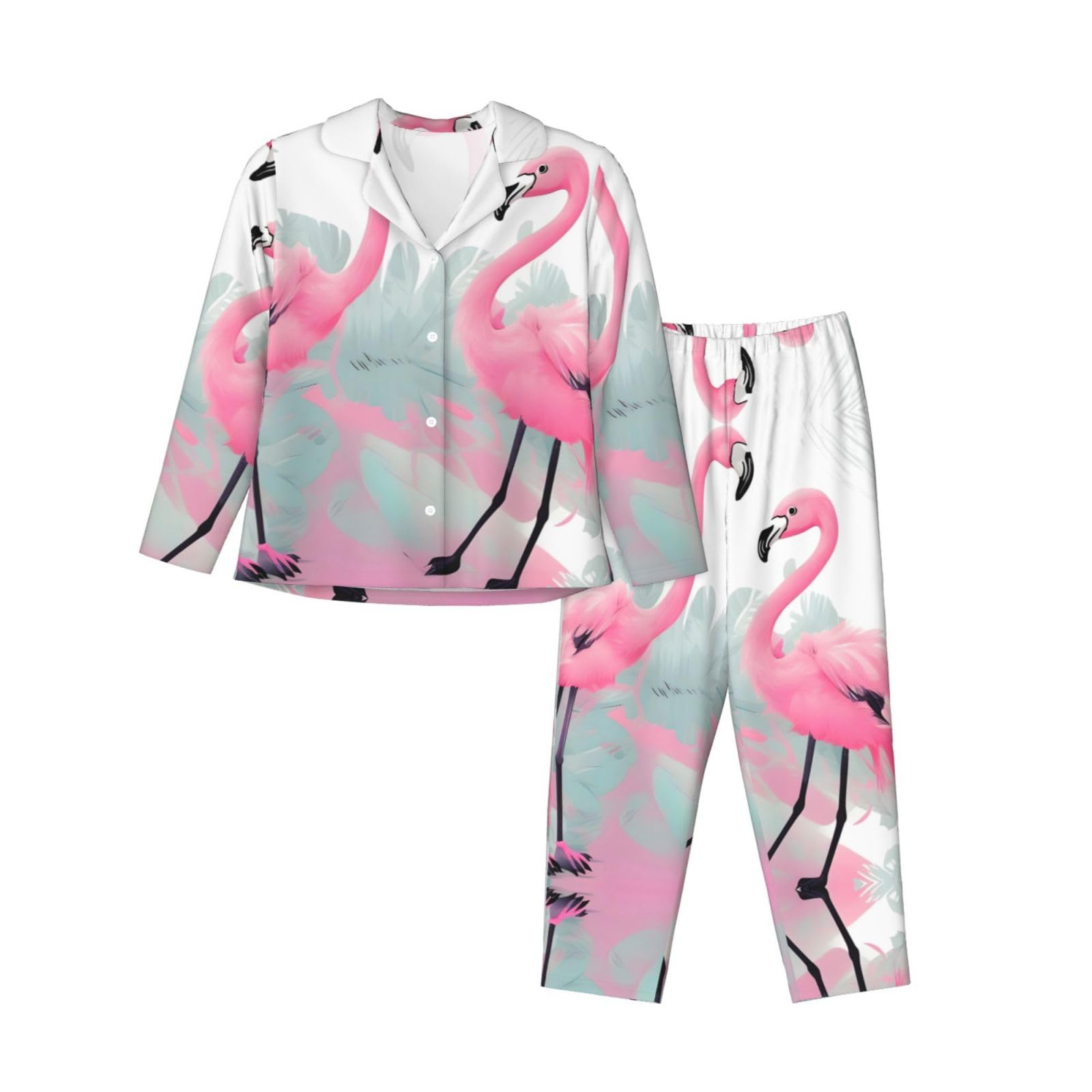 Pigiama da donna a maniche lunghe stampato fenicottero rosa - Morbido e caldo abbigliamento da casa autunno/inverno -