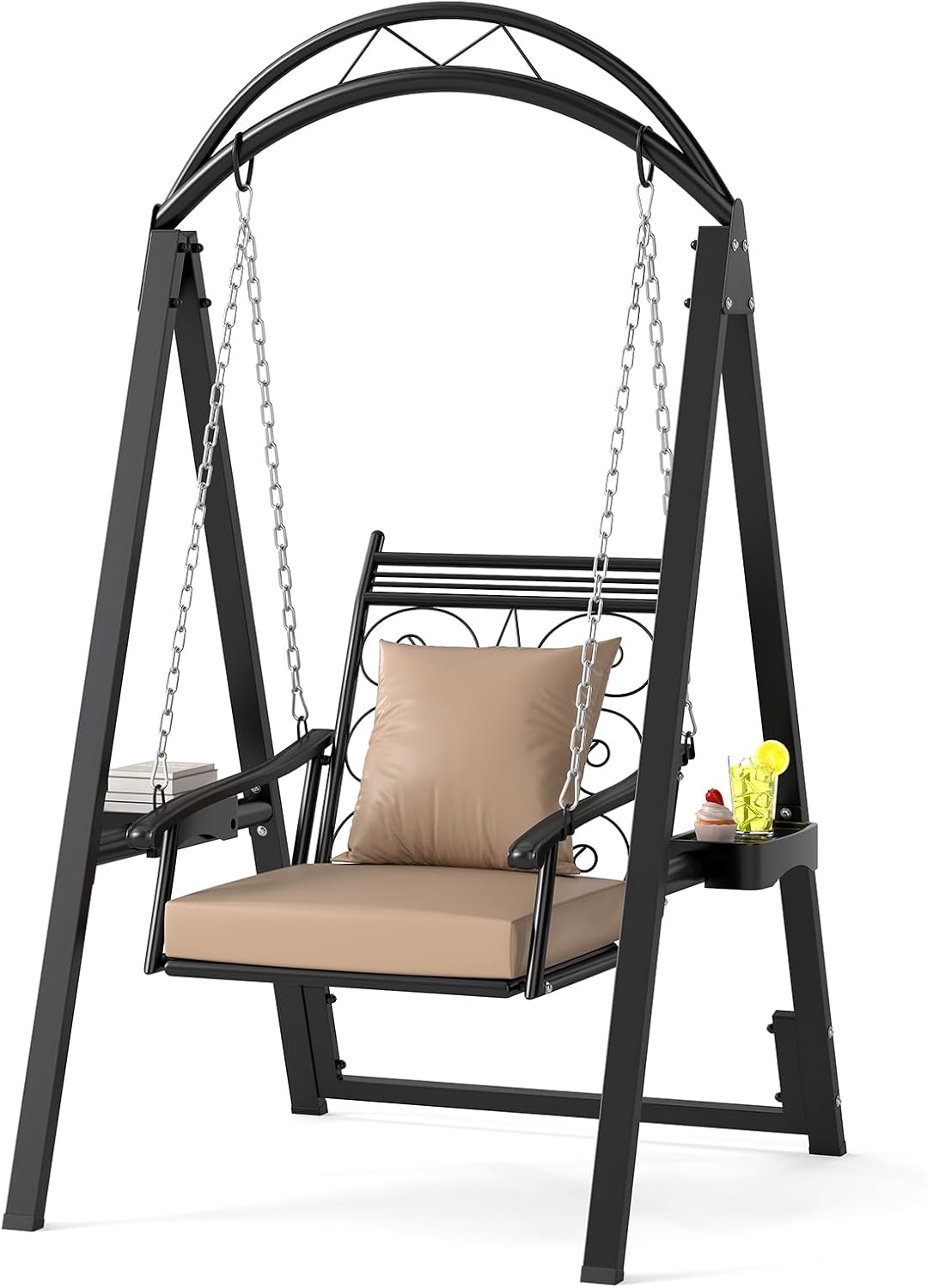 Tangkula Porch Swing with Stand - 350lb Heavy-Duty Metal Frame, Removable Cushions, Side Tables, Armrests for Patio Garden Backyard