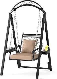 Tangkula Porch Swing with Stand, Outdoor Patio Swing with Heavy-Duty Metal Frame, Removable Cushions, Side Tables, Armrests for Garden, Balcony, Backyard, Poolside