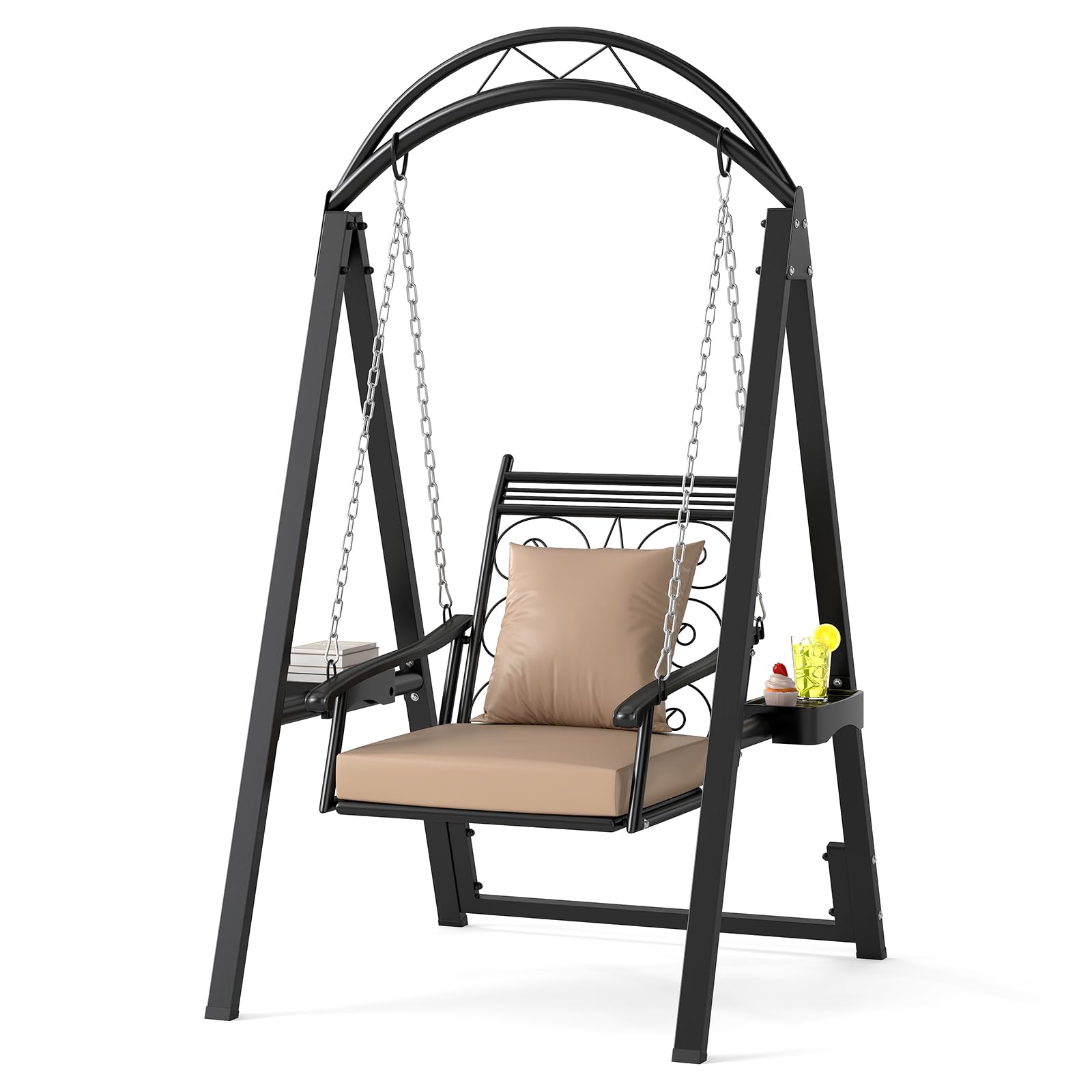 COSTWAY Outdoor Schaukel mit Gestell, Gartenschaukel Metall mit abnehmbaren Kissen & Seitentischen, bis 160 kg, Terrassenschaukel Schaukelgerüst für Garten, Balkon, Hinterhof (Schwarz)