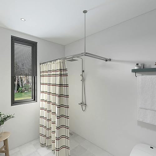 Miniatura 2 de Naiture - Barra de cortina de ducha en forma de L de doble esquina con soporte de techo de anillo en forma de T, acero inoxidable de 60 x 30