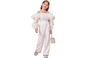 White Contrast Mesh Elegant Ruffle Trim Jumpsuit for Girls