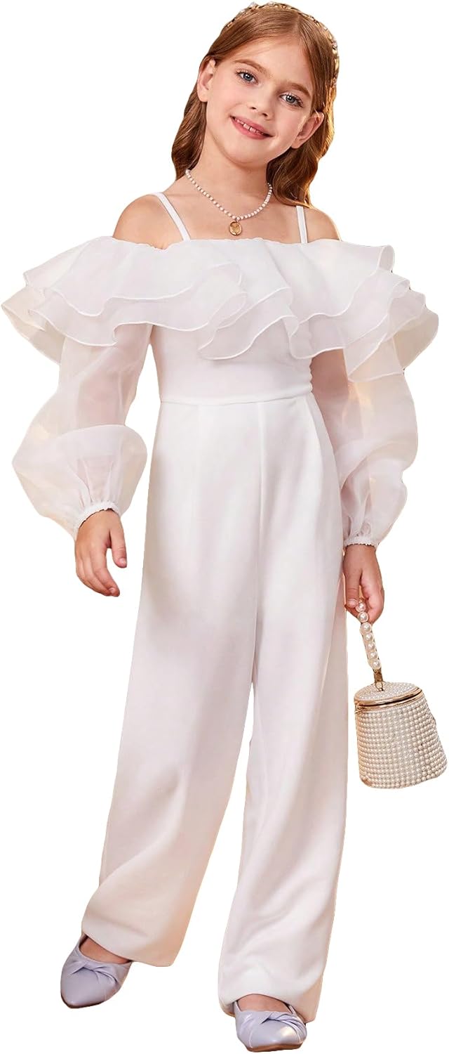 WDIRARA Girl's Contrast Mesh Elegant Ruffle Trim Jumpsuit Cold Shoulder Spaghetti Strap Long Romper