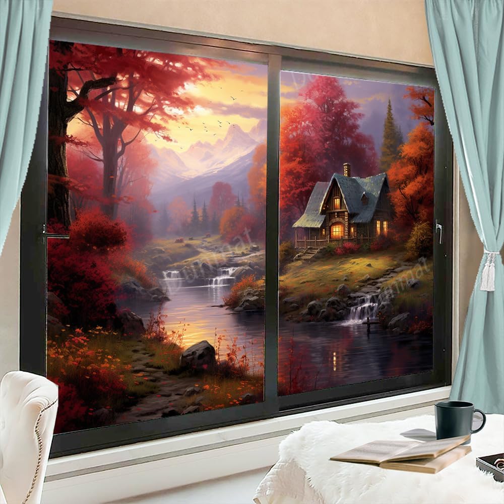 Abstract Fall Cottage Frosted Window Privacy Film Fantasy Woods River Watercolor House Window Film Adhesive Glass Sticker Coverings for Home Decorative 27.6Wx39.4L-inch x2 Pcs