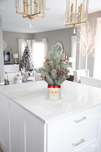 Miniatura 5 de Árbol de Navidad pequeño de 14 pulgadas con aguja de pino artificial en maceta con bola de Navidad y cono de pino en maceta de cerámica de muñeco de
