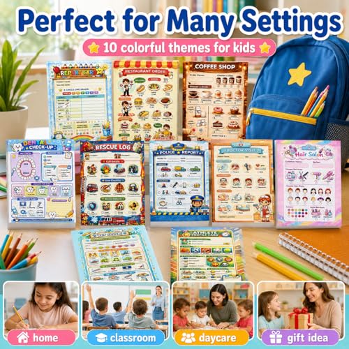 500 Pages Kids Pretend Play Notepads 10 Pack, 4 x 5.5 Inch Play Pretend Notepads for Kids with 50 Pages Each, Variety Role Play Game Accessories Playtime Notepads , for Imaginative Role Play Activity Set (Coffee shop/restaurant/doctor/police/vet/salon/dentist/firefighter/athlete/report card) by Quorivexa - Used condition - Image 5