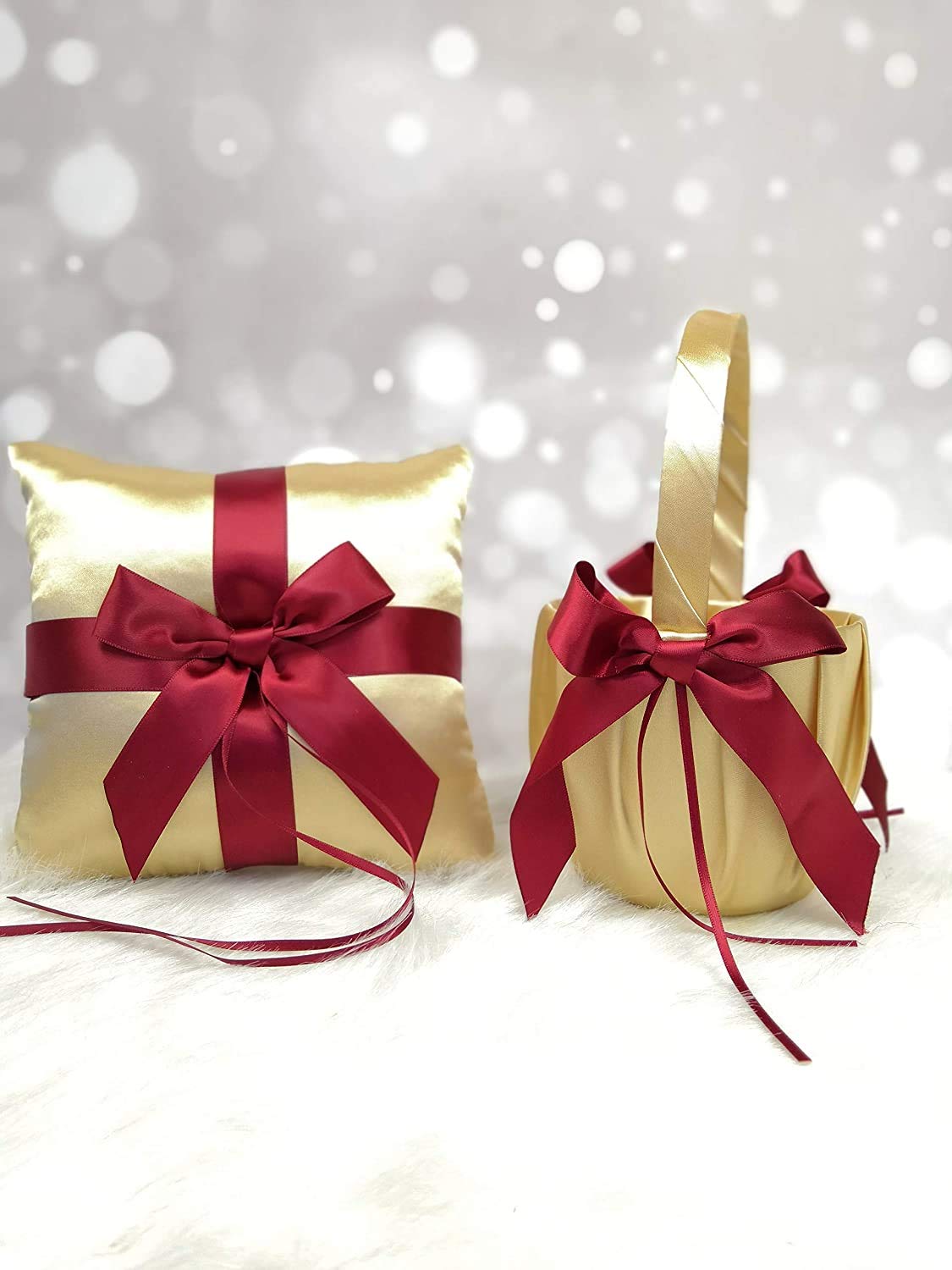 Abbie Home Flower Gold Girl Basket + Ring Pillow Satin Cover with Burgundy Ribbon Bow Décor Party Favor Luxury Satin Collection (Basket+Pillow)