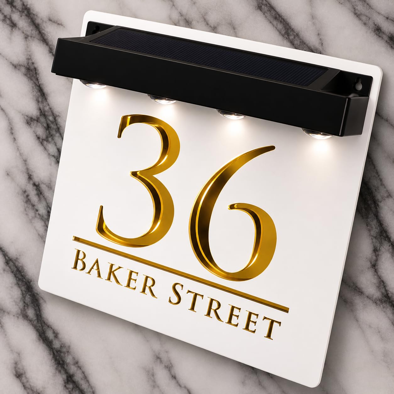 K Smart Sign | Bellissima S1 LED F32 | Square Solar Light House Signs Door Number Plaques With LED Personalised Name Address Sign For Wall With Classic Text (Matt White & Gold Mirror)