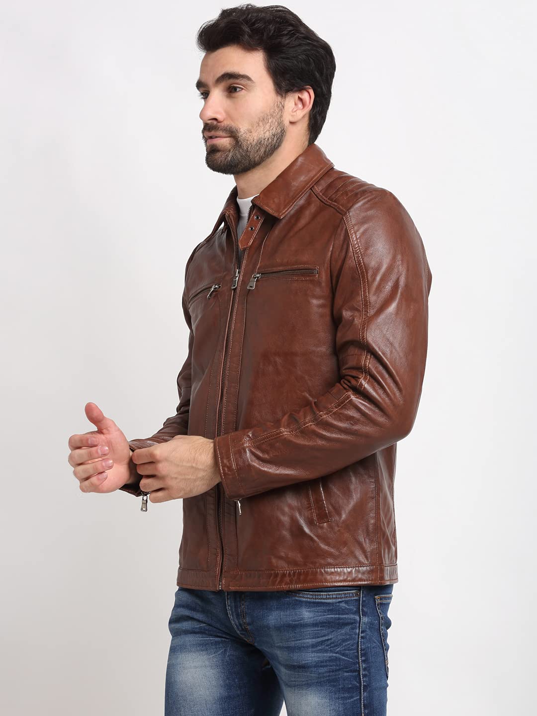 Teakwood Genuine Leather Solid Biker Jacket for Men