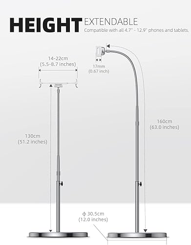 Miniatura 5 de Lamicall Soporte de suelo para tablet con cuello de cisne  Soporte giratorio para tablet con altura ajustable y base estable de 10.6 libras, para