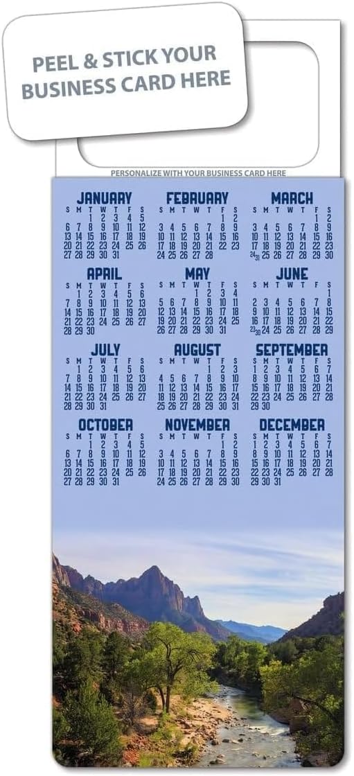 Tarjeta de visita Peel & Stick – Imán del calendario de montañas 2026 – 300 unidades – Imán para refrigerador – Producto promocional, folleto para pequeñas empresas, artículo de reconocimiento de marca