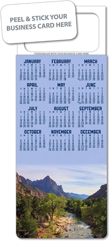 Tarjeta de visita Peel & Stick – Imán del calendario de montañas 2026 – 300 unidades – Imán para refrigerador – Producto promocional, folleto para pequeñas empresas, artículo de reconocimiento de marca