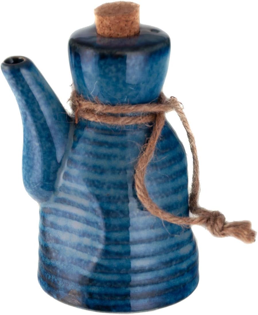 Happy Sales HSSD-BLUE7, Japanese Style Earthenware Ceramic Oil Dispenser - Ponzu, Vinegar, Soy Sauce - Cork Stopper, 7 fl oz, Blue