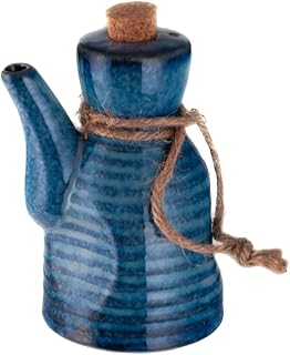 Happy Sales HSSD-BLUE7, Japanese Style Earthenware Ceramic Oil Dispenser - Ponzu, Vinegar, Soy Sauce - Cork Stopper, 7 fl oz, Blue