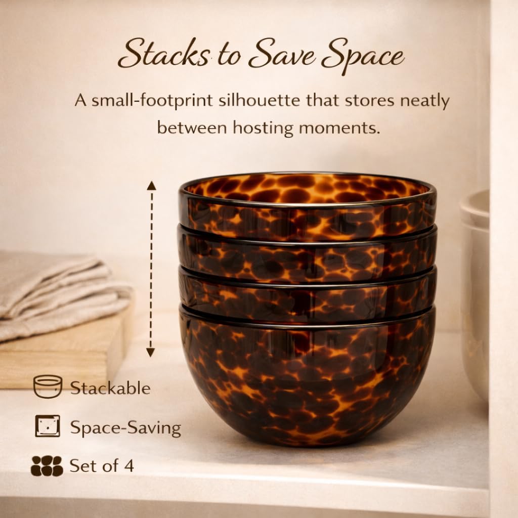 Adkoat® Tortoise Shell Glass Bowls: 12oz Amber Small Serving Bowl - Vintage Decorative Dish - Boho Kitchen Decor Serveware Gift Set: Dessert, Nut, Mise en Place, Jewelry, Charcuterie Board (4 Pack)