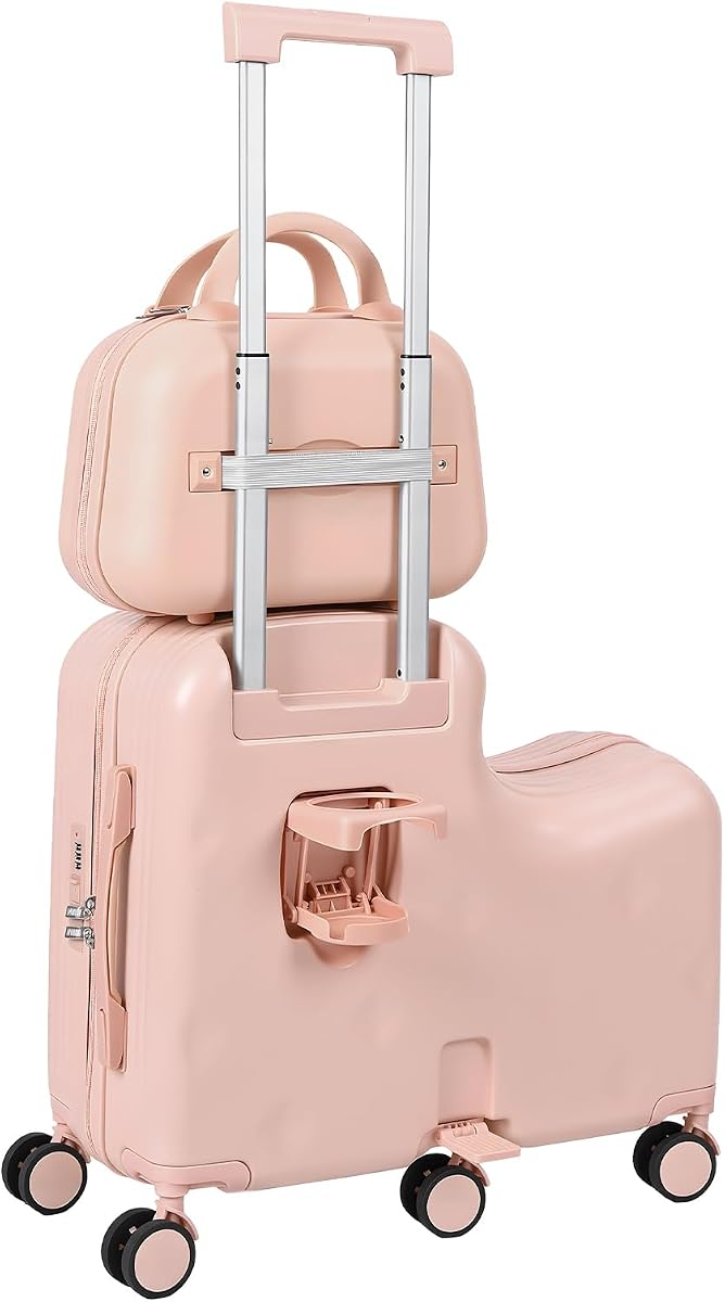 Equipaje para niños de 20 pulgadas, maleta para montar con estuche de mano desmontable, portavasos oculto y reposapiés plegable, 6 ruedas giratorias, divertida maleta para scooter para niños y niñas, color rosa